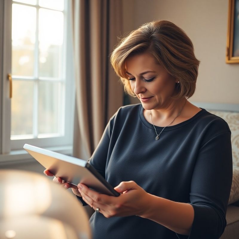 Žena v padesáti letech prohlíží graf projekce příjmů na tabletu
